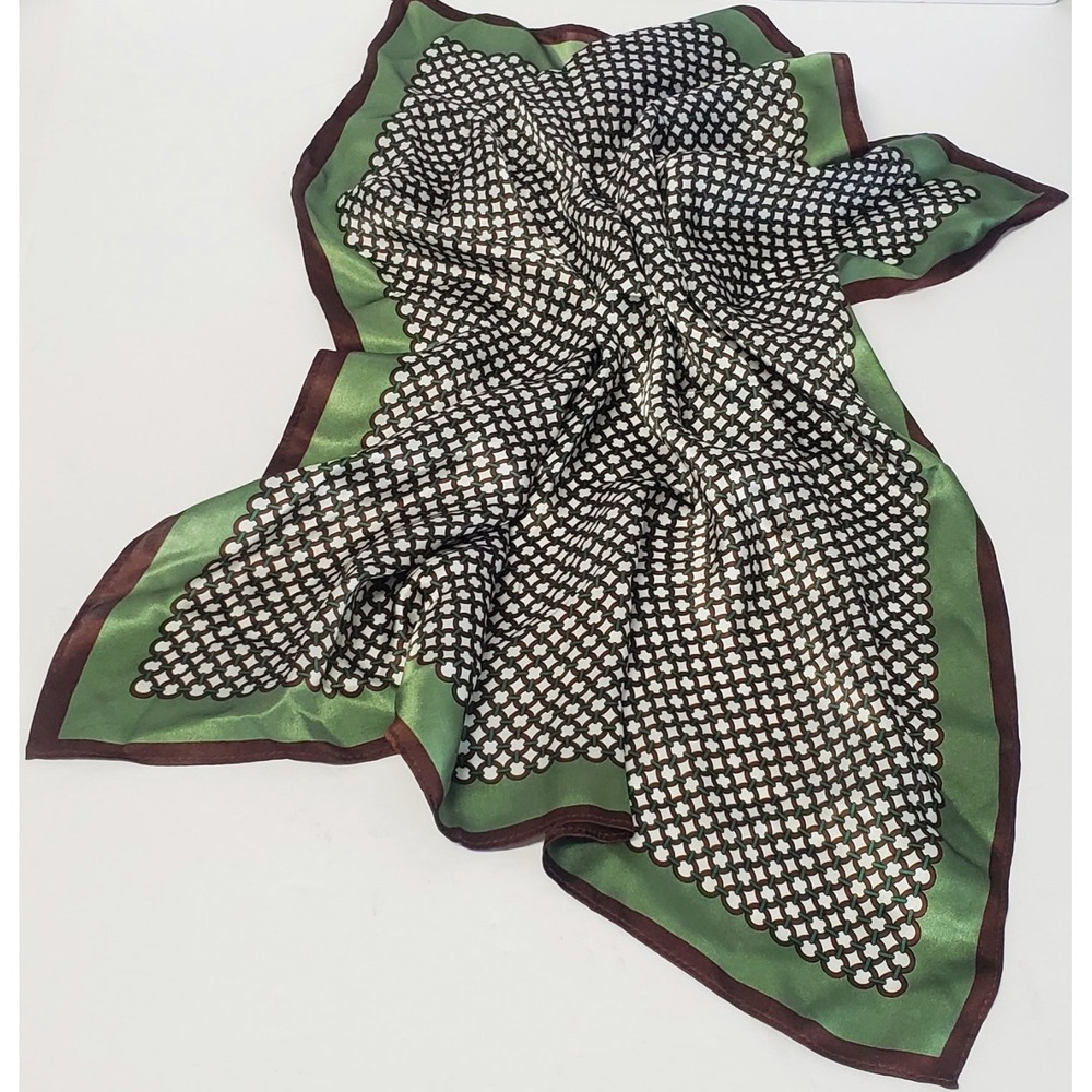 VTG Silk Scarf Round Link Pattern Green/ Brown/White 21x21 Square Preppy Classic